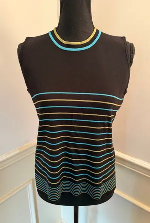 Y2K Dressbarn Striped Sleeveless Knit Top Crew Neck Pullover Black Green Teal thumbnail 1