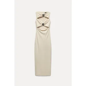 Zara Womens Midi Dress Large Cream Cut-Out Metallic Hardware 9398/249 thumbnail 2