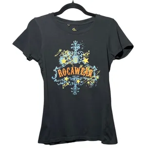 Y2K Rocawear Graphic Baby‎ Tee Black Blue Orange Glitter Logo Small Streetwear thumbnail 1