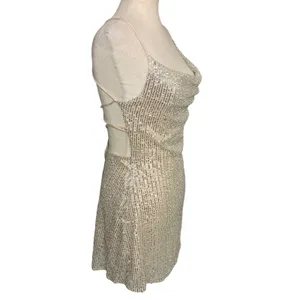 Hello Molly Champagne Gold Sequin Cowl Neck Lace‎ Up Back Mini Dress US 6 Viral thumbnail 6