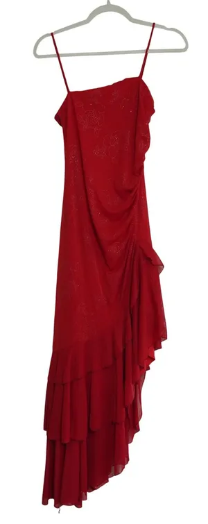 Entrancy Red Glitter Floral Y2K 90s Whimsigoth Asymmetrical‎ Ruffle Maxi Dress thumbnail 1