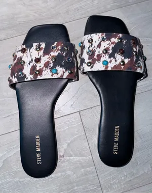 Steve Madden Black Slide Sandals with Brown and White Animal Print Strap thumbnail 1