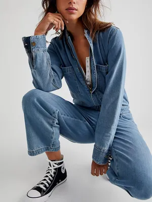 Sundance Free People x Sandrine Rose Denim Boiler Suit Utility Jumpsuit Sz M 🧡🍄 thumbnail 3