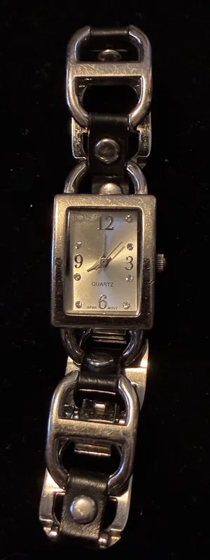 Vintage Women's Watch Silver Tone Rectangular Black Leather Stirrup Links thumbnail 1
