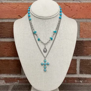 Faux Turquoise Cluster Cross and Spaced Bead Necklace Set thumbnail 2
