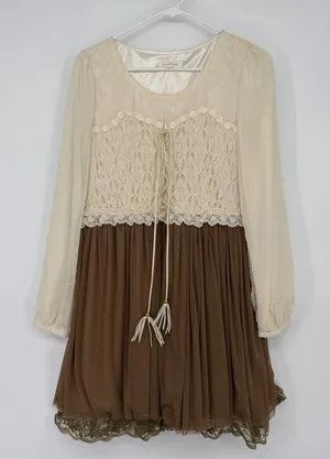 Tapenade Boho Lace‎ Chiffon Tiered Mini Dress Cream Brown L Cottage thumbnail 1