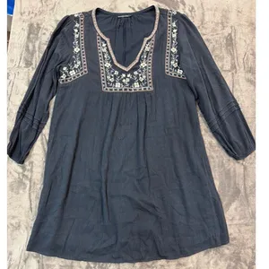 Abercrombie & Fitch Mini Dress Womens Navy Blue Embroidered Boho Gauze Large thumbnail 2
