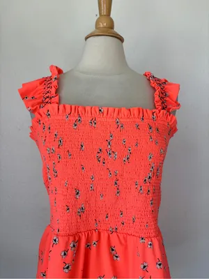 CeCe Neon Coral Floral Smocked Sleeveless Peplum Tank Top thumbnail 2