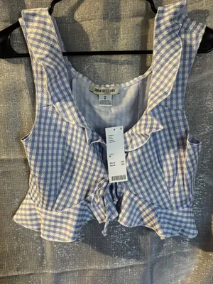 Urban Outfitters Blue Gingham Tie-Front Ruffle Crop Top thumbnail 5