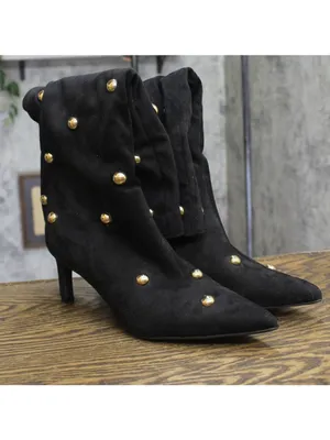 A New Day Studded Faux Suede Mid-Calf Boots with Cone Heel Jet Black / Gold 9M thumbnail 2