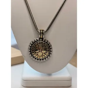 Vintage-Style Gold & Silver-Tone Pendant Necklace With Round Textured Medallion thumbnail 2