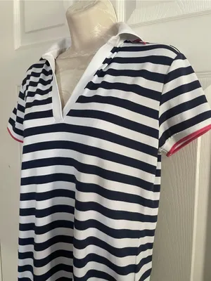 Ralph Lauren Navy & White Striped Polo-Style Shirt with Pink Trim thumbnail 2