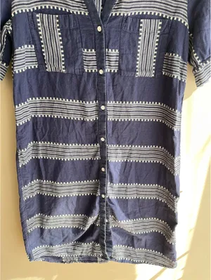 Old Navy Blue & White Geometric Stripe Button-Front Mini Shirt Dress PS thumbnail 4