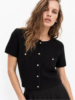 H&M Small Black Short Sleeve Knit Cardigan Gold Buttons Cropped Preppy Chic Top thumbnail 1
