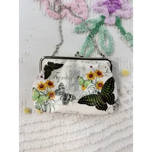 Vintage Style Butterfly‎ Floral Kiss Lock Frame Bag Cream Crossbody Chain Strap thumbnail 7
