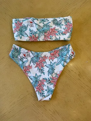 Zaful Floral Bandeau Bikini - Pink & Teal on White Sz S thumbnail 2