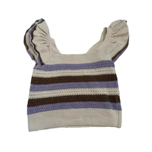 MNG Mango Beige Striped Knit Ruffle Flutter Sleeve Square Neck Cropped Top S thumbnail 7