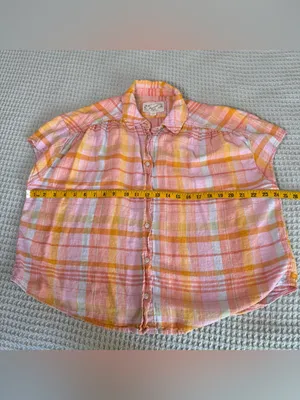 American Eagle Linen Blend Button Down Shirt Womens Small Orange Pink Plaid Boxy thumbnail 6