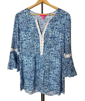 Lilly Pulitzer Blue Floral Crochet Lace Trim Bell Sleeve Tunic Top thumbnail 1