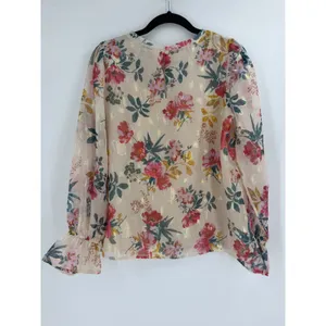 LOFT Floral Blouse Women XS Cream Gold Metallic Shimmer Puff Sleeve Cottagecore thumbnail 10