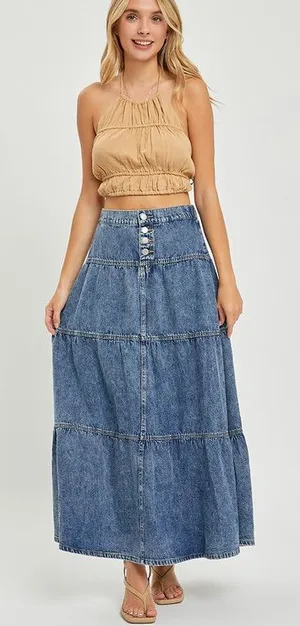 108- Risen High Rise Tiered Denim Ruffle Maxi Skirt Size XL thumbnail 1