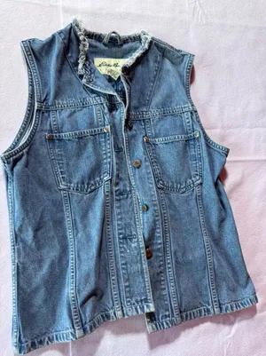 Eddie Bauer Womens Vintage Denim Vest Medium Wash Raw Edge Frayed Collar Small thumbnail 1