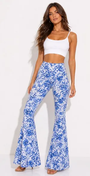 Veronica M Blue White Floral High Rise Flare Pants Bell Bottom Yoga Stretch thumbnail 1