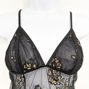 Fredericks of Hollywood Womens Black Gold Floral Lace Whimsigoth Babydoll Slip M thumbnail 2