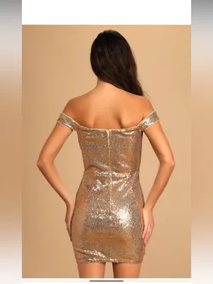 Lulus Magic Maker Gold Metallic Off-the-Shoulder Bodycon Mini Dress size Med thumbnail 2