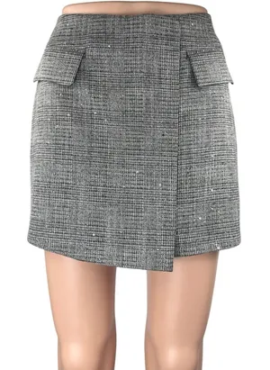 Express Gray Plaid Checkered Tweed High Waisted Mini Wrap Skort Skirt Size 6 thumbnail 1
