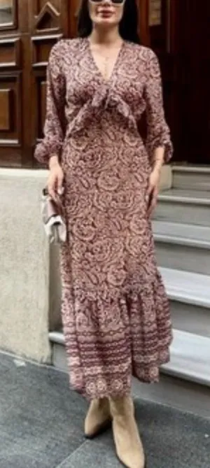 Zara Brown and Cream Paisley Maxi Dress with Puff Sleeves thumbnail 1