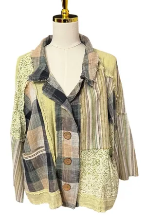 Oli & Hali Patchwork Mixed Media Jacket Shirt Green Plaid Boho Oversized Large thumbnail 1
