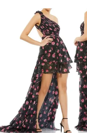 Mac Duggal 70246 One Shoulder Ruffled Rose Floral Gown Maxi Dress Black size 4 thumbnail 1