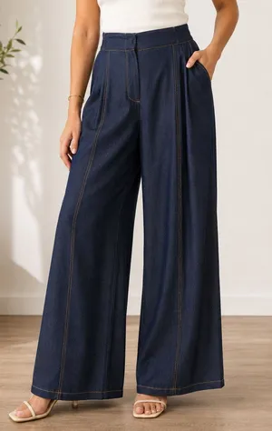 Zara Dark Chambray Wide Leg Trousers Sz M thumbnail 1