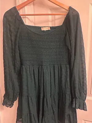 Altar’d State Green Smocked Tiered Dress Sheer Long Sleeve Shimmer Boho S thumbnail 1