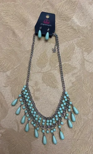paparazzi Aqua Teardrop Layered Bib Necklace and Drop Earrings thumbnail 1