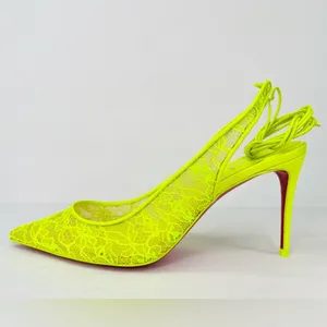 Christian Louboutin Kate 85mm Lace Wraparound Neon Fluo Yellow Pumps EU 38 thumbnail 10
