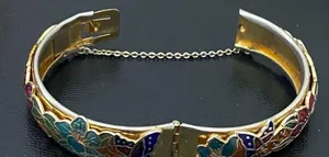 Vintage Unsigned Gold-tone Floral Flower Cloisonne Hinged Bangle Bracelet 36.2g thumbnail 10