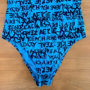 Aerie Real Beach Cheeky One Piece‎ Swimsuit Blue Black Graffiti Text Ribbed M thumbnail 4