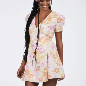 Charlie Holiday Calile Floral Wrap Mini Dress Linen Puff Sleeve Cottagecore thumbnail 6