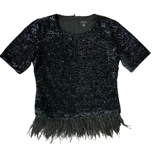 Ann Taylor Black Sequin Short Sleeve Feather Trim Round Neck Shirt Top Size XS thumbnail 10