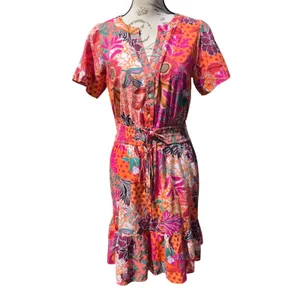 LOFT‎ NWOT Floral Patchwork Smocked Mini Dress Orange Pink Multi Summer Small thumbnail 3