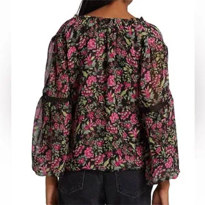 Misa Los Angeles Alicia Floral Coquette Prairie Blouse Vneck Ties Pink Black L thumbnail 4