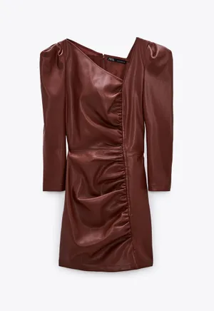 ZARA NWT Faux Leather Maroon Asymmetric Mini Dress thumbnail 4