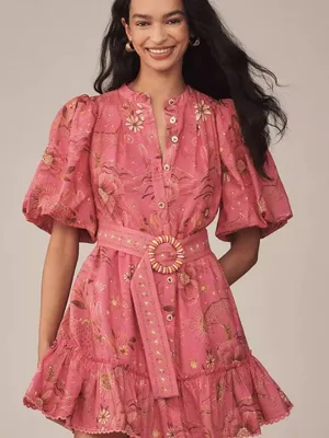 NWT Farm Rio x Anthropologie Beaded Belt Puff Sleeve Pink Mini Dress Sz SP thumbnail 1