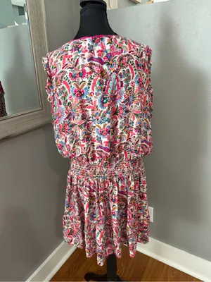 Natural Life Lyla Pink Palms Smocked Waist Tiered Mini Dress Cottagecore XL thumbnail 5