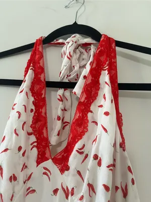 Red Chilli Pepper Lace Halter Neck Slip Mini Dress XL Romantic Euro Summer thumbnail 5