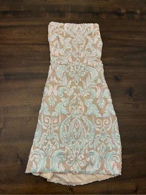 Windsor Shine Sequin Mini Dress Women’s Small Tie Back Bodycon Tan White thumbnail 2