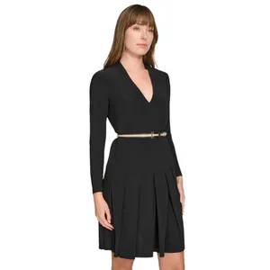NWT Tommy Hilfiger Pleated V Neck Fit Flare Long Sleeved Knit Midi Dress Black 4 thumbnail 4