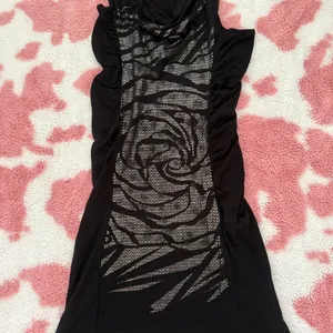Y2K Inspired Black Ruched Bodycon Mini Dress – Sheer Mesh Metallic Rose Detail (Size S) thumbnail 2